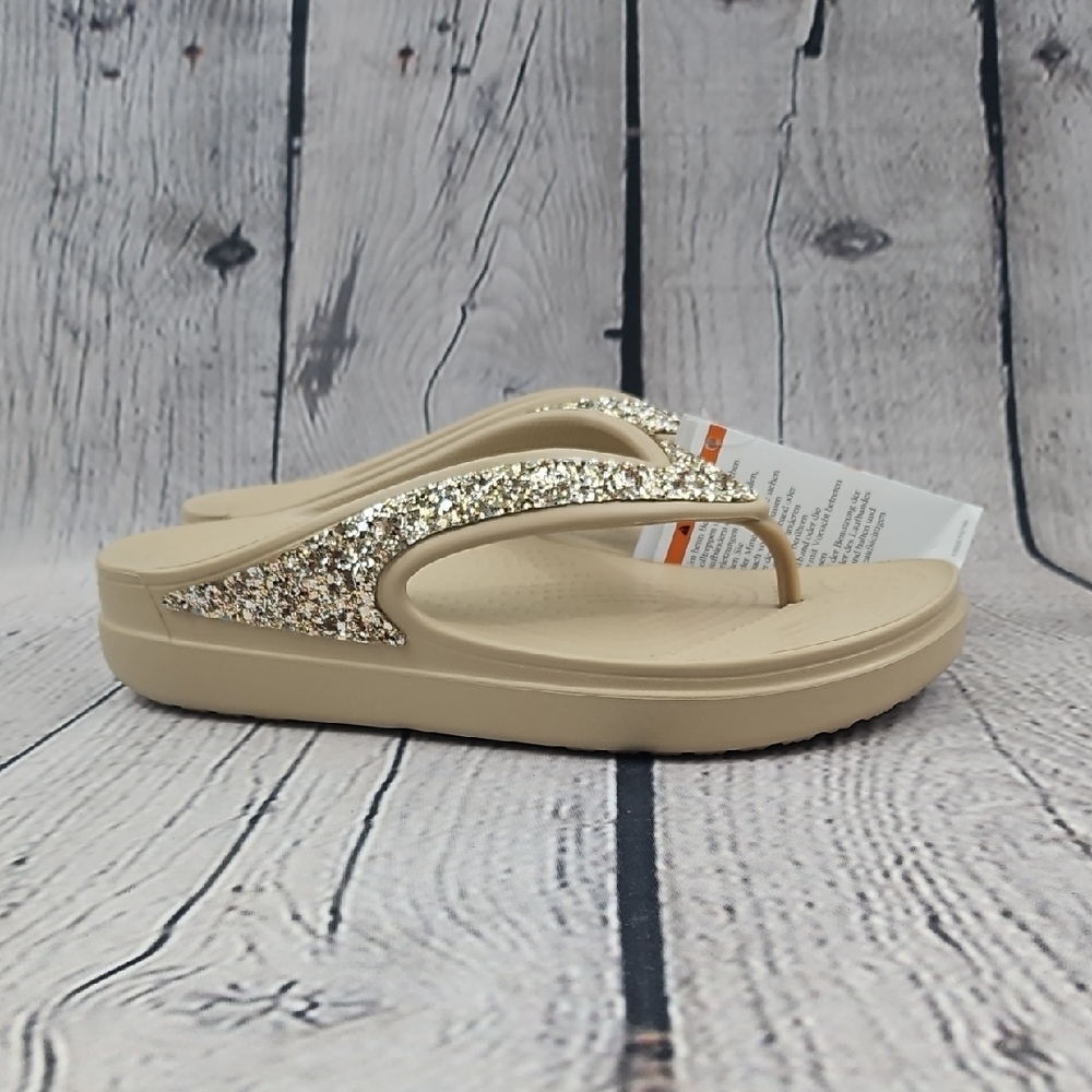 Crocs Sloane Glitter Women's Beige Thong Flip Flop Sandals Size 7